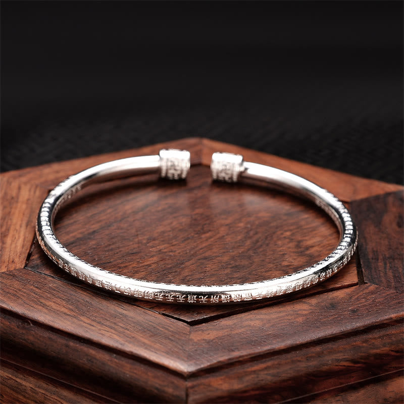 Bracelet jonc en cuivre blanc avec motif svastika gravé du Sutra du cœur