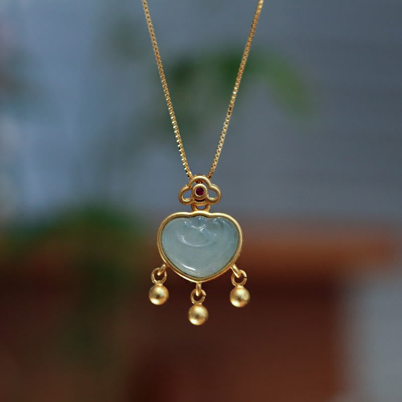 Buddha Stones Argent Sterling 925 Jade natural Collier pendentif en calcédoine avec serrure de bonne chance