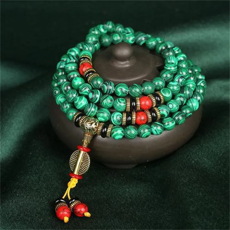 Collier et bracelet tibétain en 108 perles de malachite de Buddha Stones