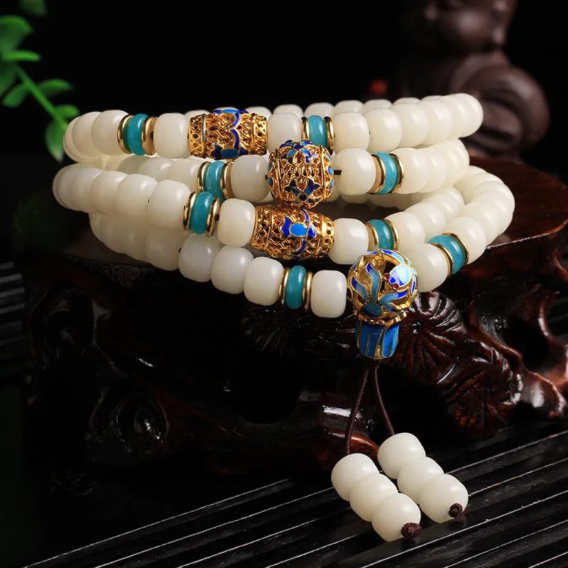 Bracelet de richesse Mala Bodhi Seed Mala 108 perles blanches naturelles en Buddha Stones