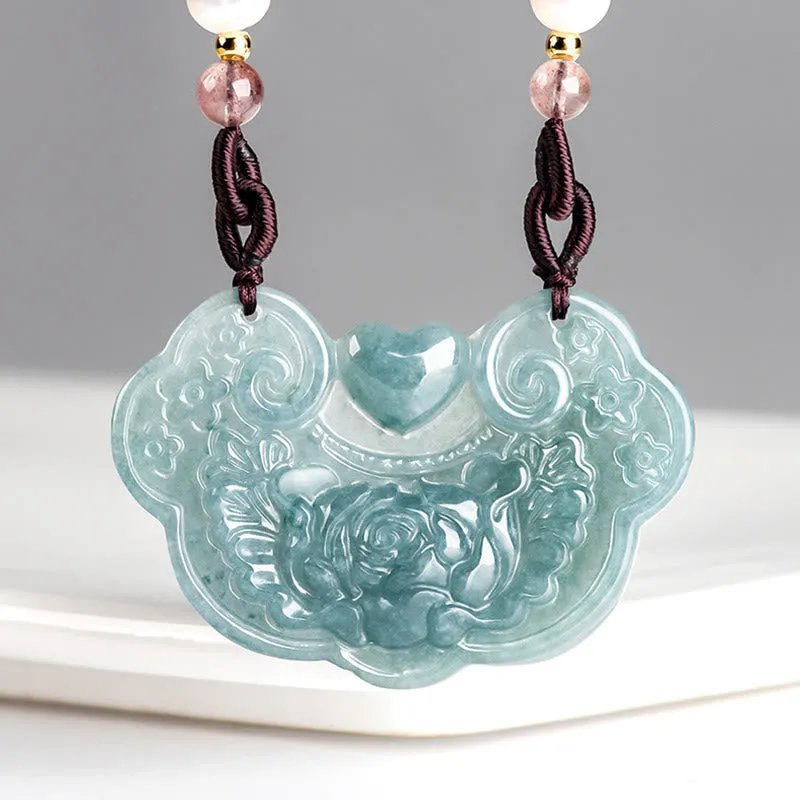 Collier pendentif fleur de pivoine en jade naturel de Buddha Stones Lock of Good Wishes Prosperity