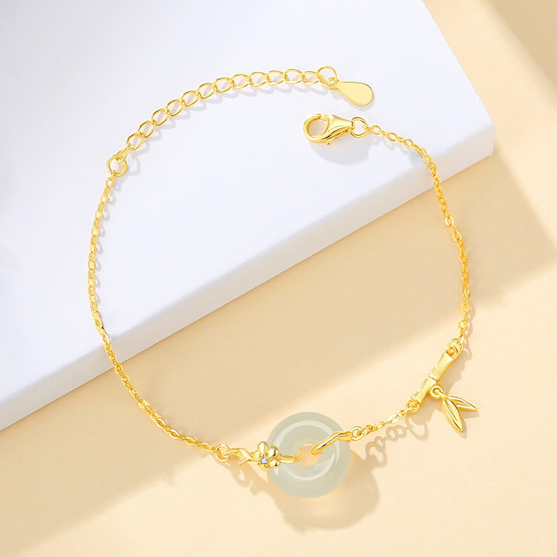 Bracelet en argent sterling 925 Buddha Stones , jade Hetian, calcédoine, boucle de paix, feuille de bambou, chaîne de prospérité