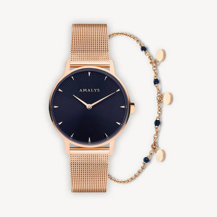 Achat Coffret de montre Amalys Flore et 1 bracelet en métal doré rose