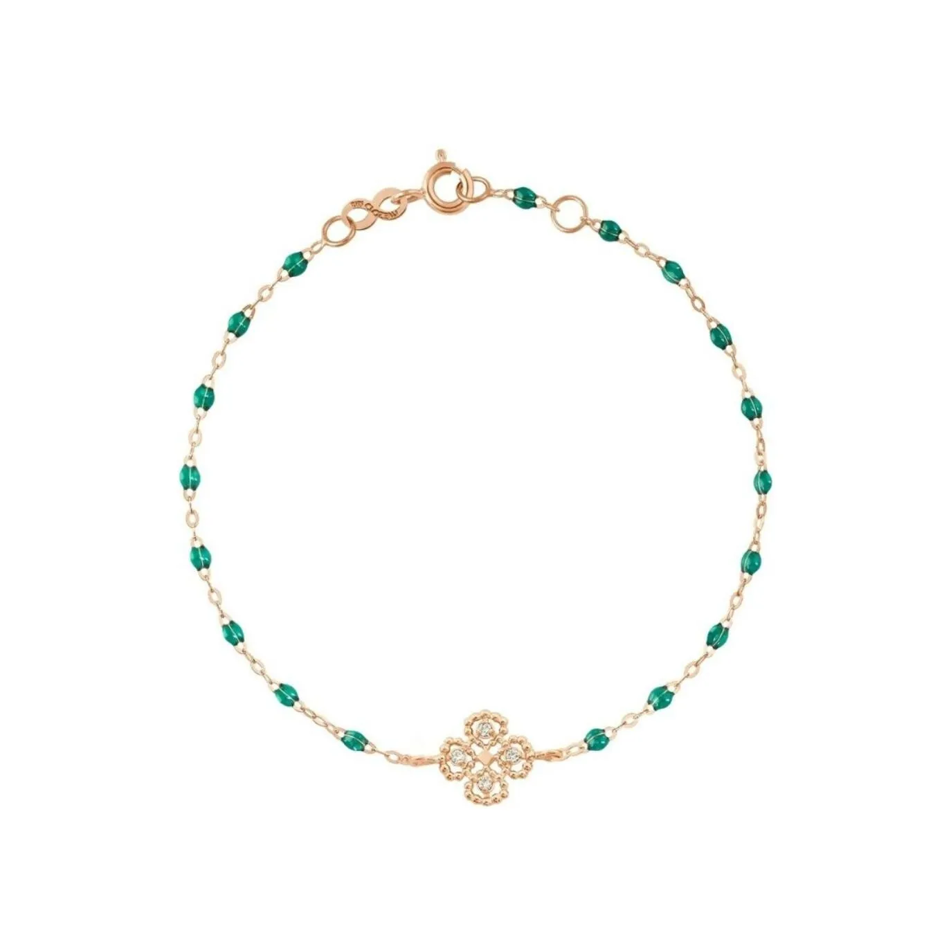 Bracelet Gigi Clozeau Lucky Trèfle en or rose, diamants et résine émeraude, taille 17cm