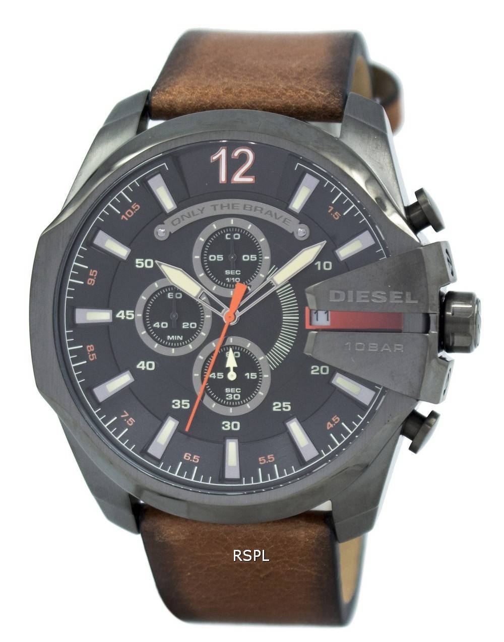 Diesel Mega chef noir cadran en cuir brun DZ4343 montre homme