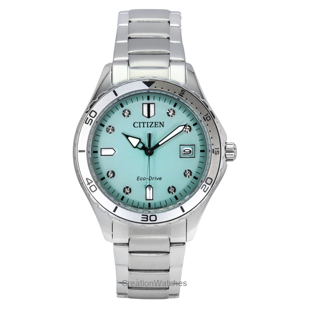 Montre Citizen Marine Eco-Drive pour femme, cadran vert, acier inoxydable, finitions en cristal, FE6170-88L, 100 m