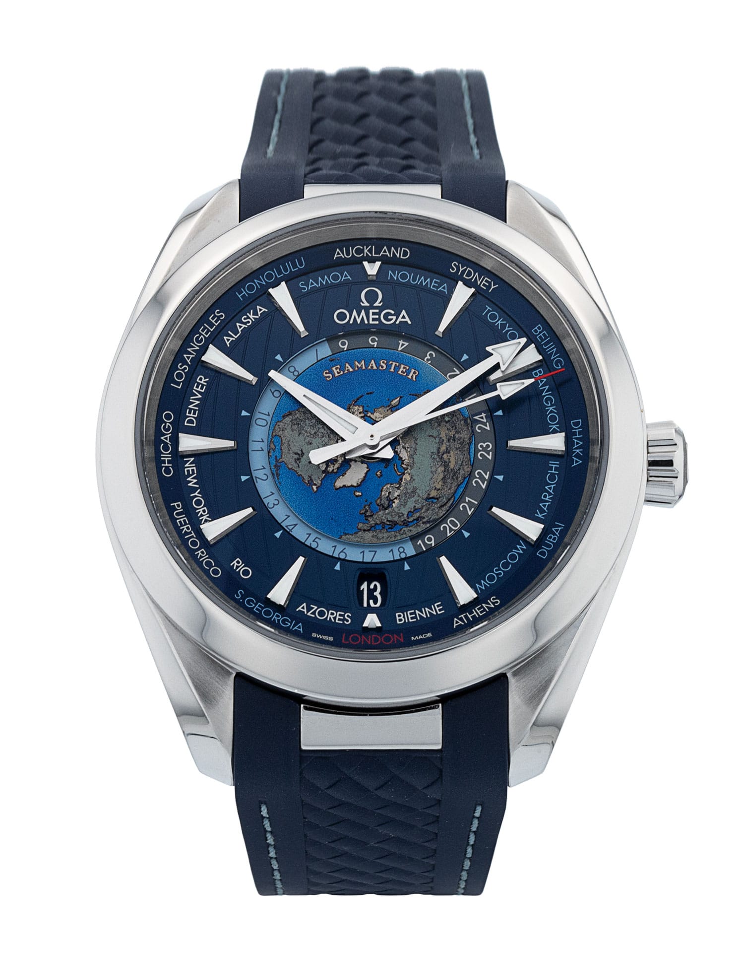 Omega Aqua Terra 150m GMT - cadran Baton bleue