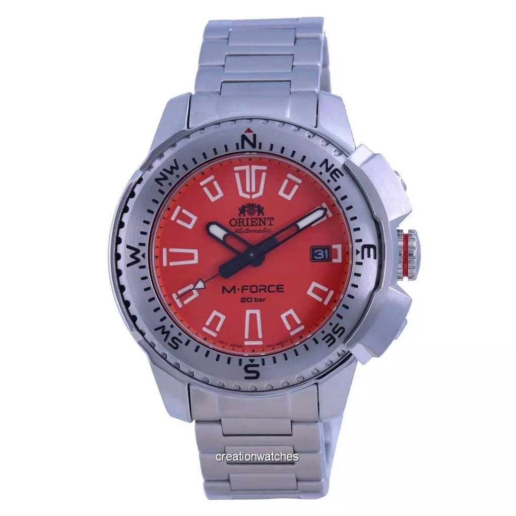 Montre de plongée automatique Orient M-Force pour homme, cadran orange, acier inoxydable, RA-AC0N02Y10B, 200 m