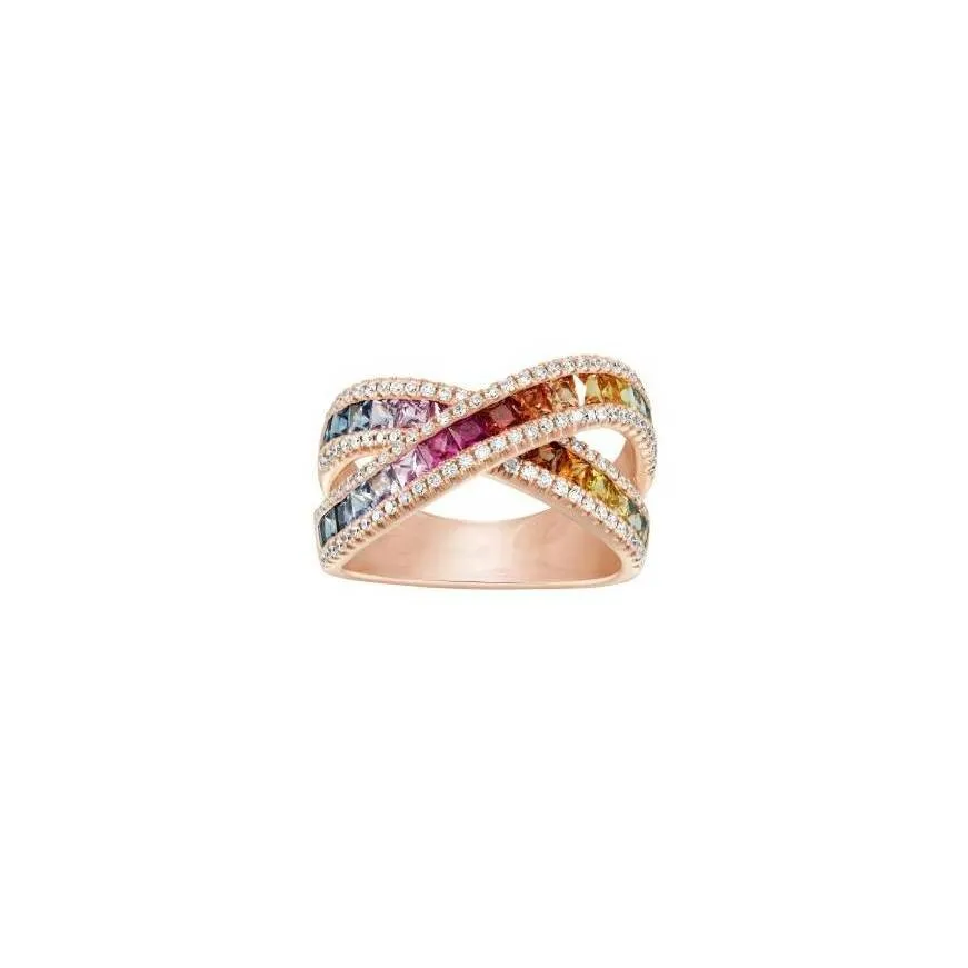 Achat Bague croisée arc en ciel en or rose saphirs et diamants