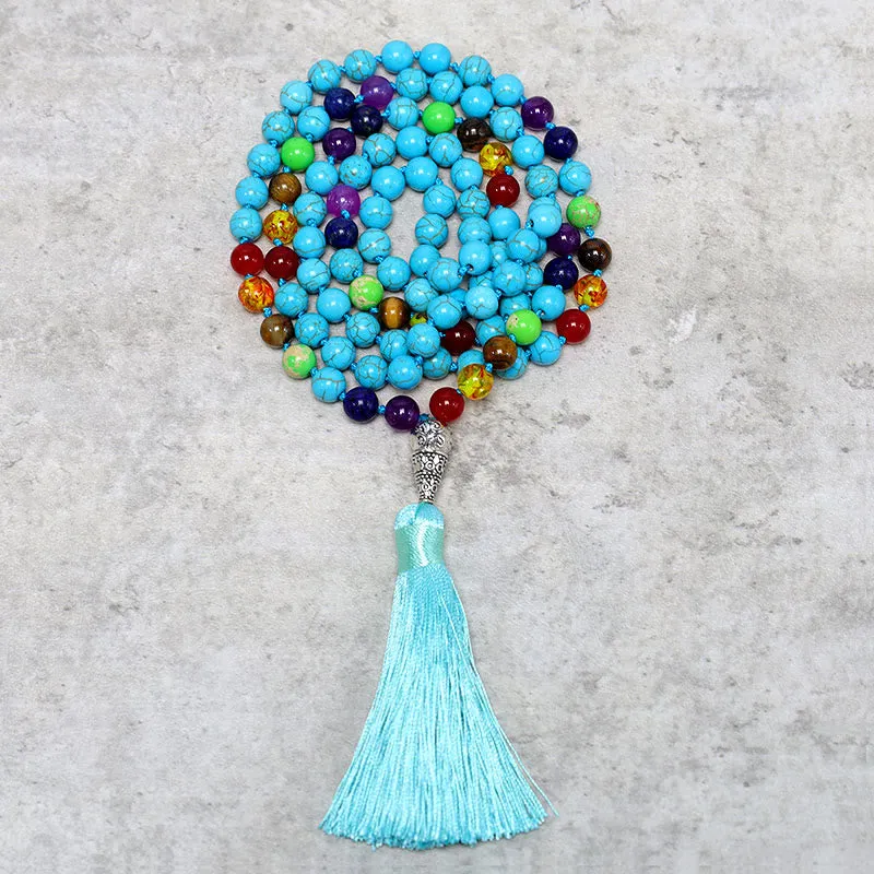 Collier de perles de prière de méditation et de yoga en perles turquoise de 108 Mala Buddha Stones