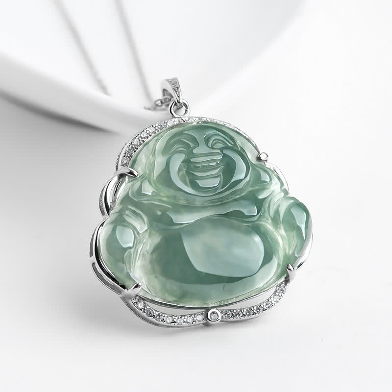 Buddha Stones avec pendentif porte-bonheur en jade naturel en argent sterling 925 avec Bouddha rieur