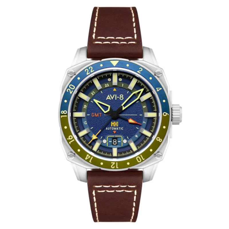 AVI-8 - Montre Homme Hawker Hunter Atlas GMT Automatic bleue avec bracelet en cuir marron - Ref AV-4122-02
