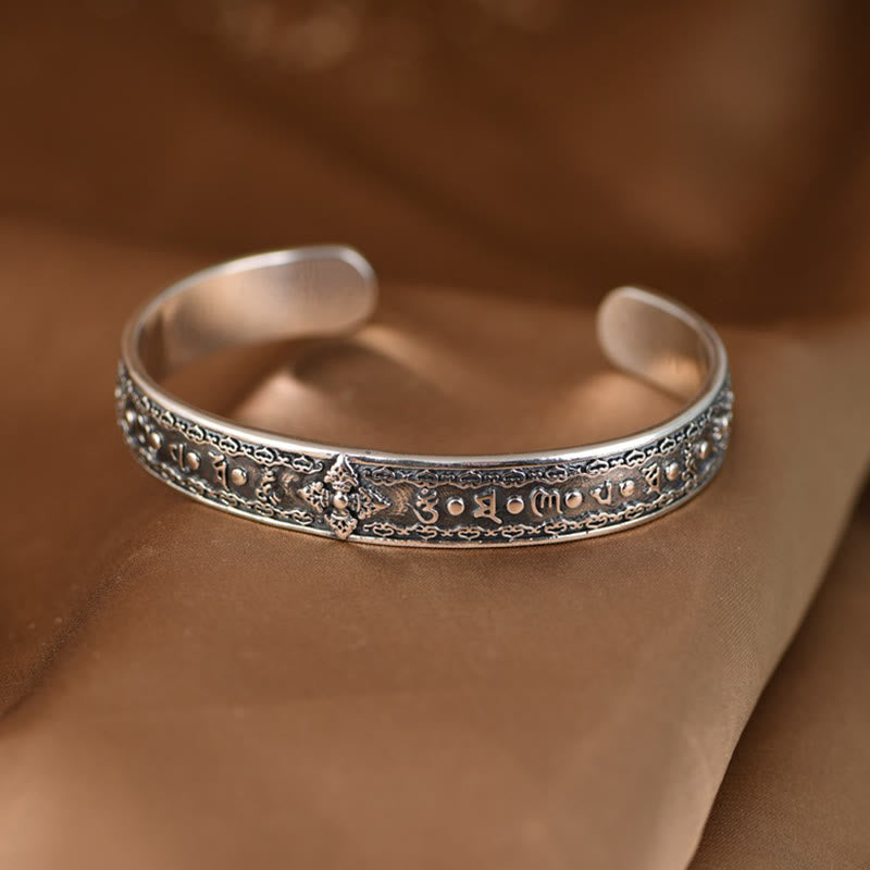 Bracelet manchette de sagesse gravé en argent sterling 925 Buddha Stones Om Mani Padme Hum Double Dorje