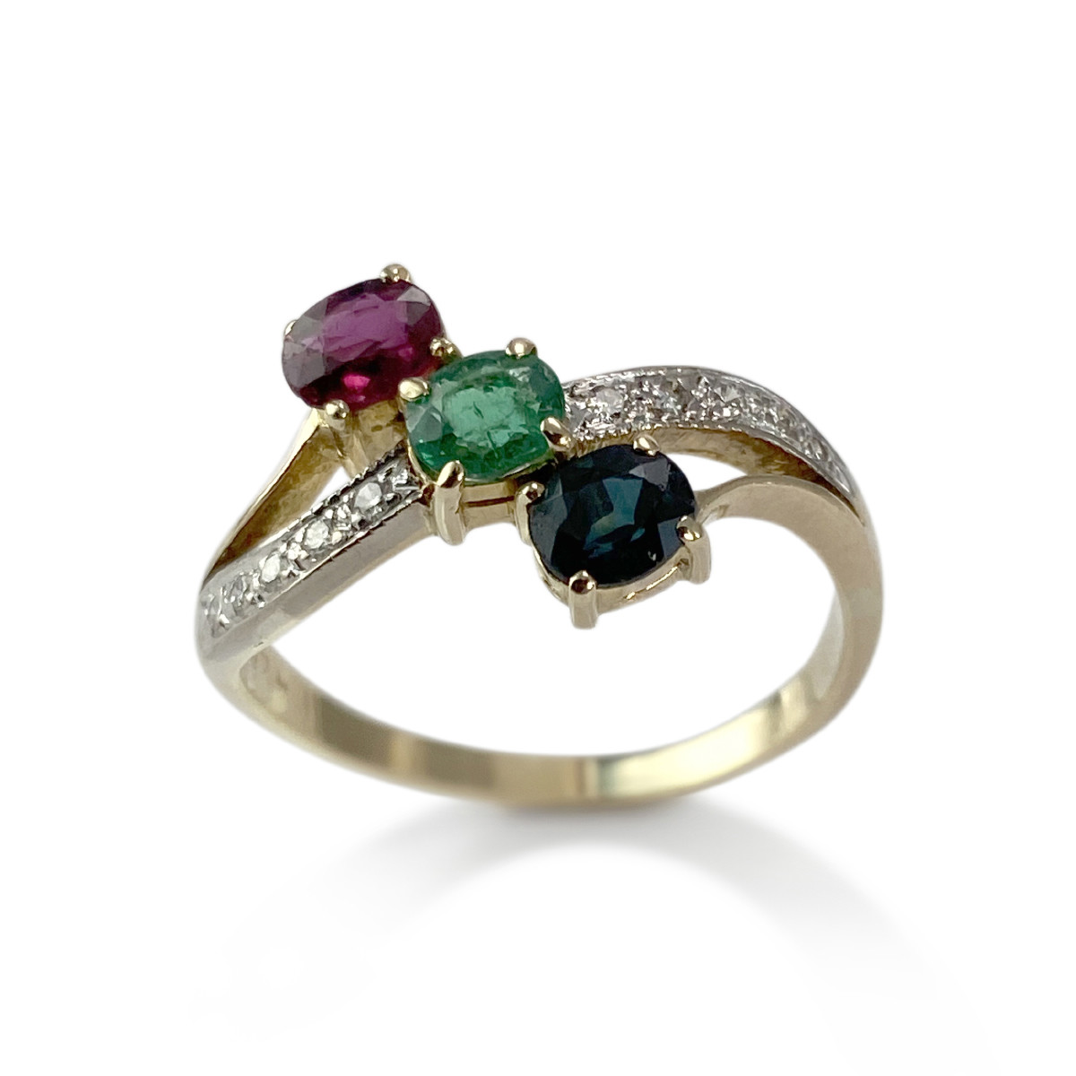 Bague d'occasion or 585 2 tons rubis saphir émeraude diamants