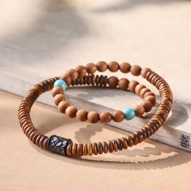 Bracelet double tour en bois de santal et turquoise, petites feuilles, Buddha Stones