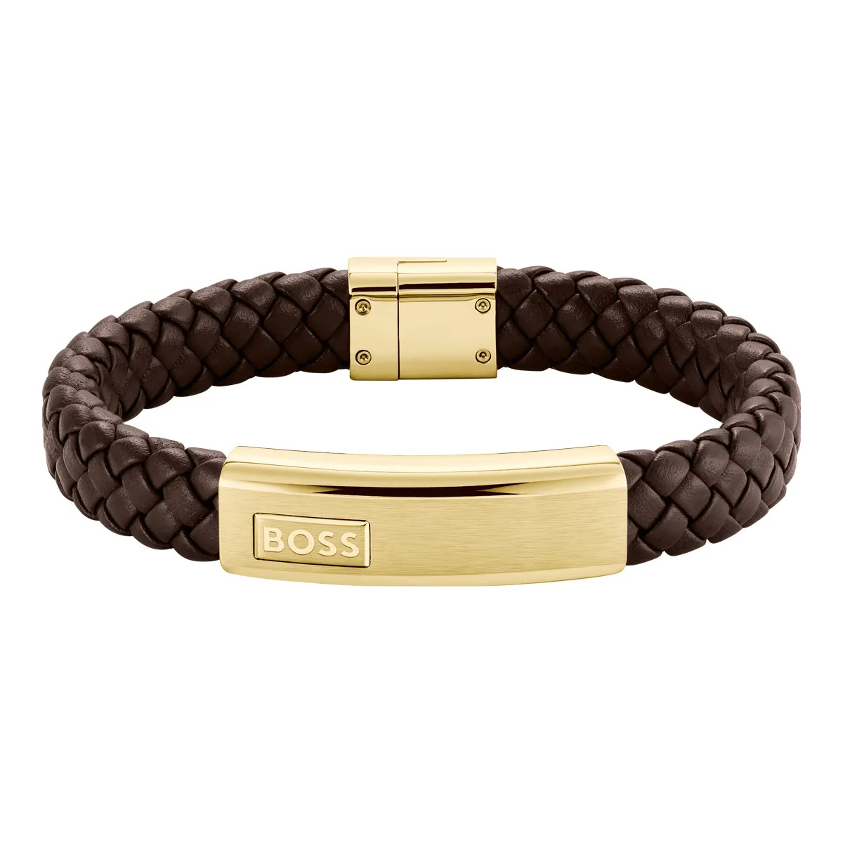 Bracelet BOSS Lander acier doré cuir marron longueur 19 cm