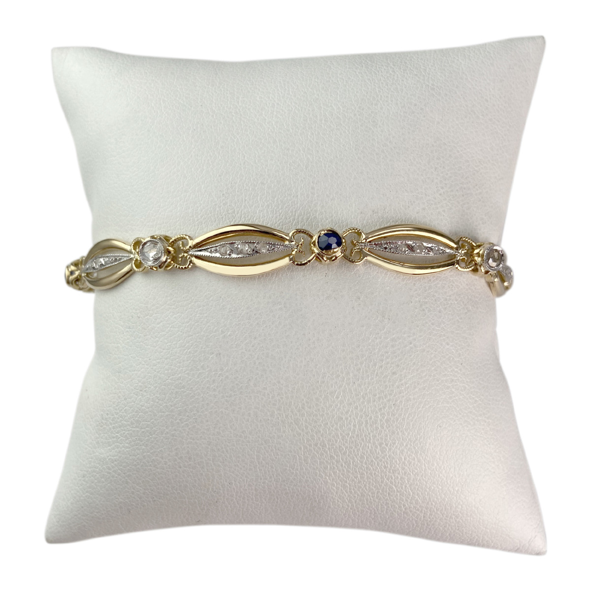 Bracelet d'occasion or 750 2 tons maille fantaisie diamants saphirs 18,5 cm