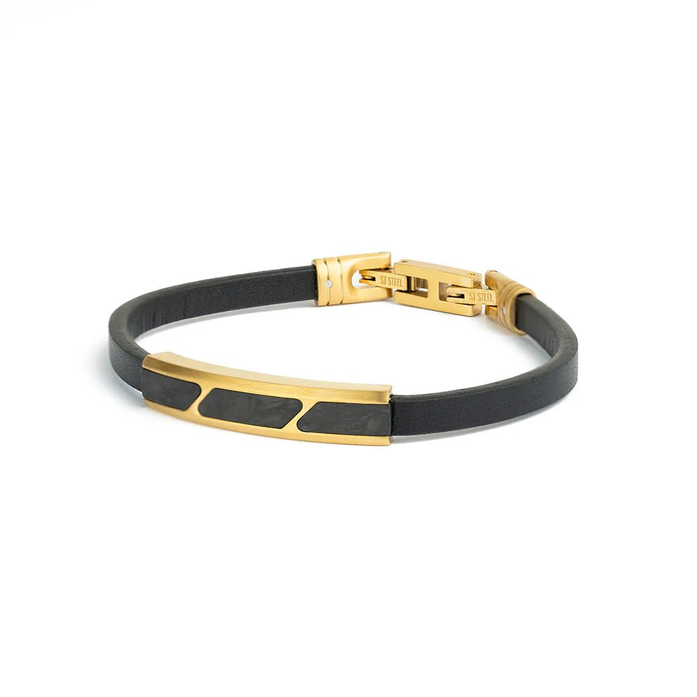 Bracelet GEMINI Stella Cuir noir Carbone forgé doré