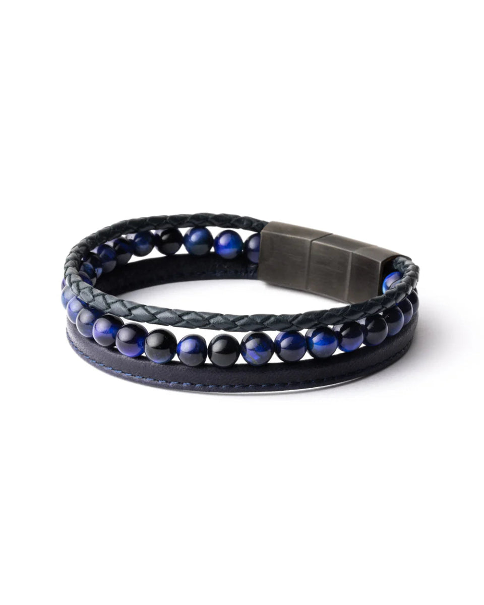 Bracelet Gemini triple brins Cuir bleu et Oeil de Tigre bleu