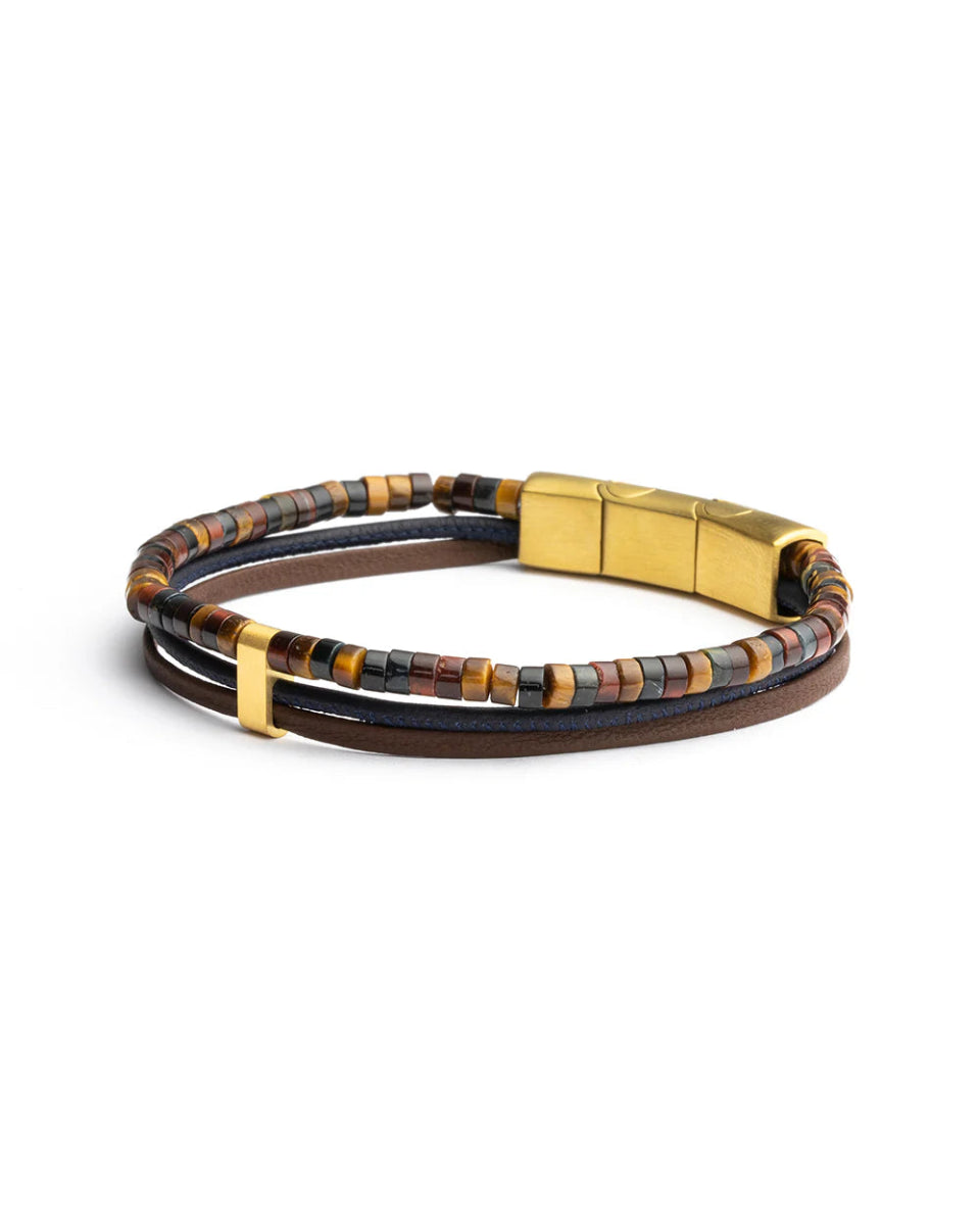 Bracelet Gemini triple brins Cuir marron bleu et Oeil de Tigre 3 couleurs
