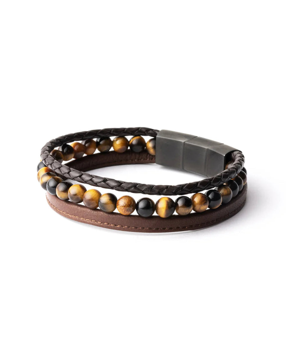 Bracelet Gemini triple brins Cuir marron et Oeil de Tigre