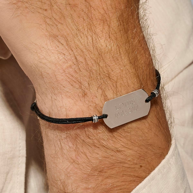 Bracelet Cordon Homme Plaque Argent À Graver Noir 28mm Argent 925