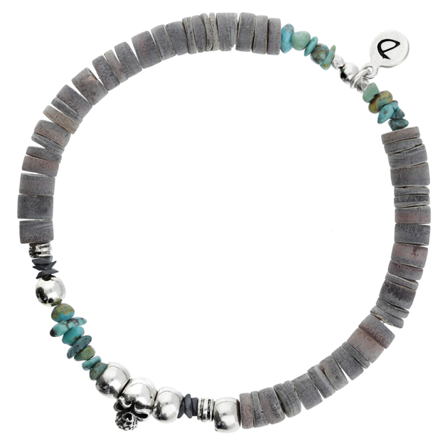 BRACELET HOMME ÉLASTIQUE TÊTE DE MORT GRIS TURQUOISE
