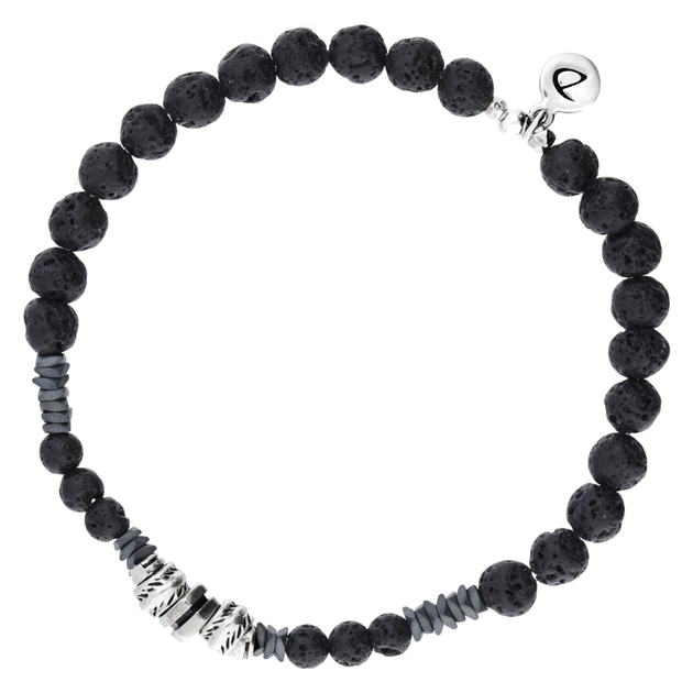 BRACELET HOMME ELASTIQUE PERLES DE LAVE NOIRES ET ARGENT
