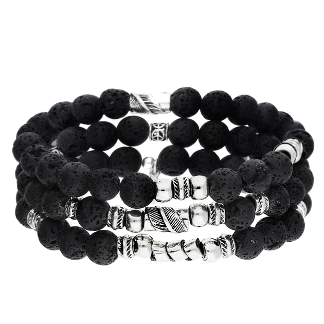 BRACELET HOMME ÉLASTIQUE TRIPLE RANGS PERLES DE LAVE NOIRES ET ARGENT