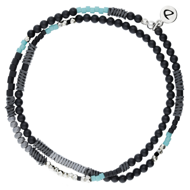 BRACELET HOMME ÉLASTIQUE DOUBLE TOURS NOIR ET TURQUOISE