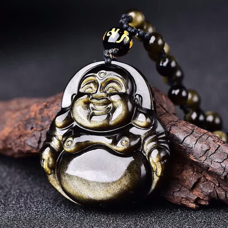 Buddha Stones Bouddha rieur Collier d'obsidienne à reflets d'or Pendentif de richesse
