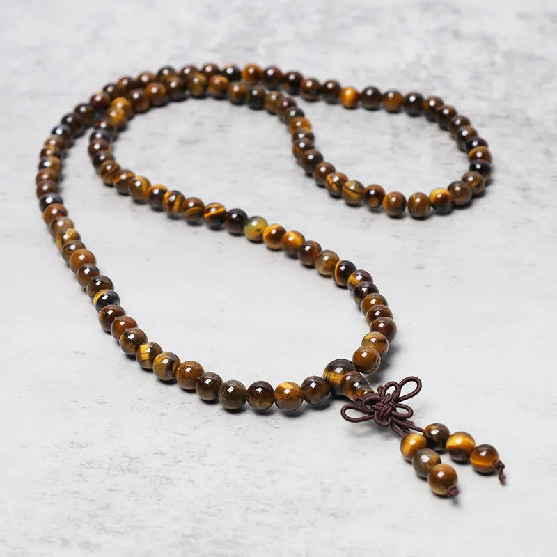 Collier Mala de prière en perles de pierres précieuses naturelles œil de tigre tibétaines de 108 Buddha Stones