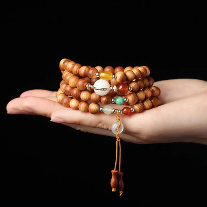 Collier et bracelet de guérison Mala en bois de rose tibétain avec Buddha Stones