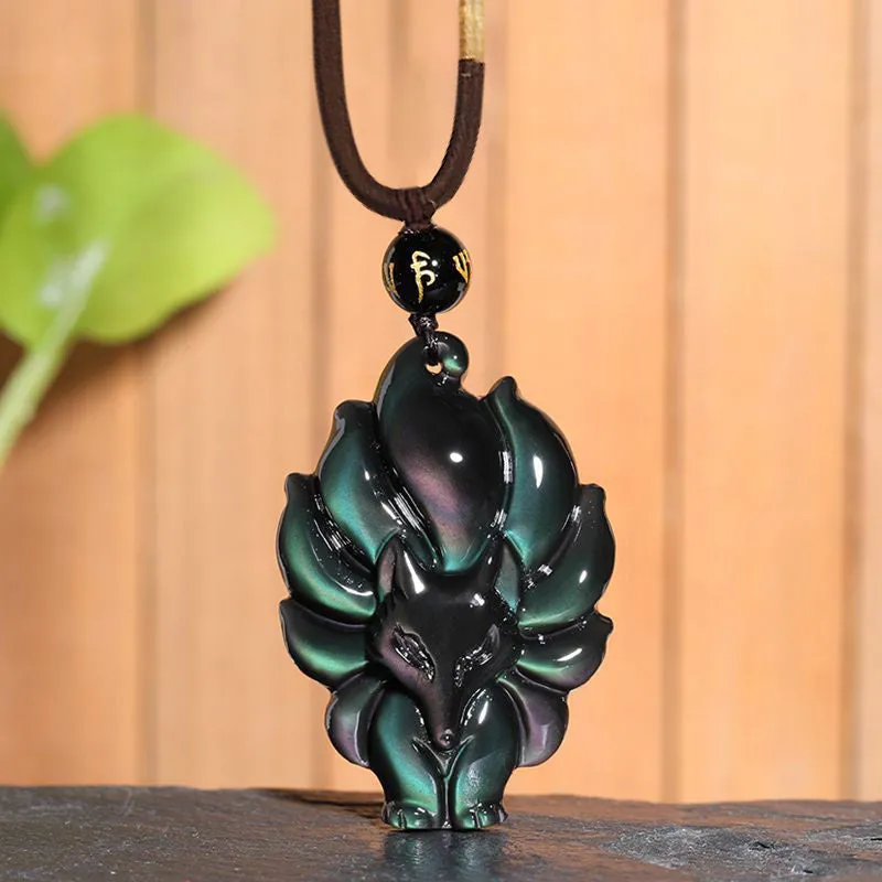 Collier pendentif positif en obsidienne arc-en-ciel naturelle Buddha Stones et obsidienne dorée brillante à neuf queues