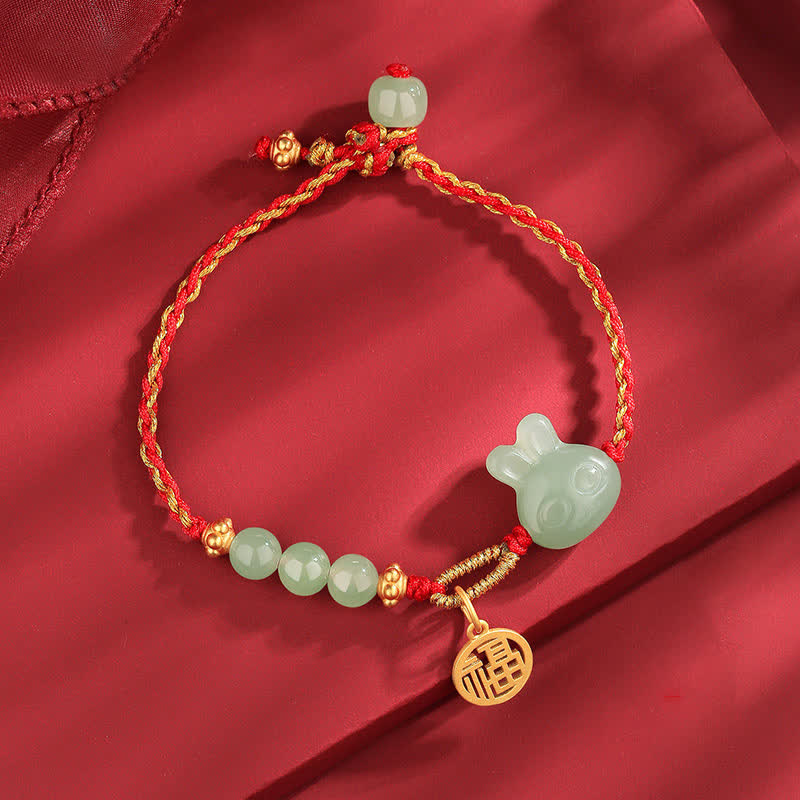 Bracelet en argent sterling 925 Buddha Stones et jade Hetian Année du lapin, porte-bonheur et cordon rouge