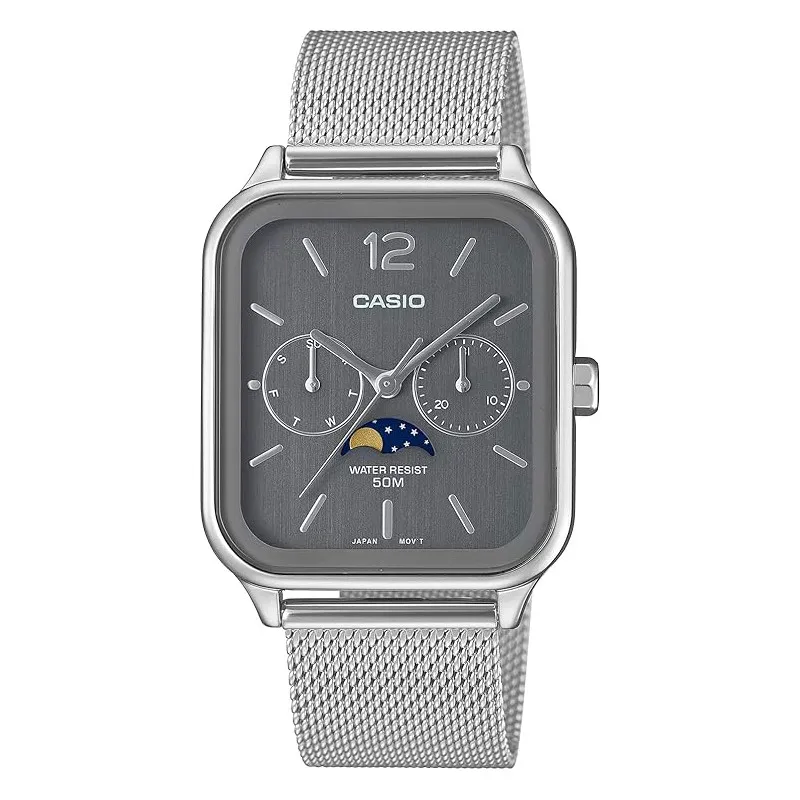 Casio - Montre Mixte Vintage Phase de Lune gris avec bracelet en résine - Ref MTP-M305M-8AVER