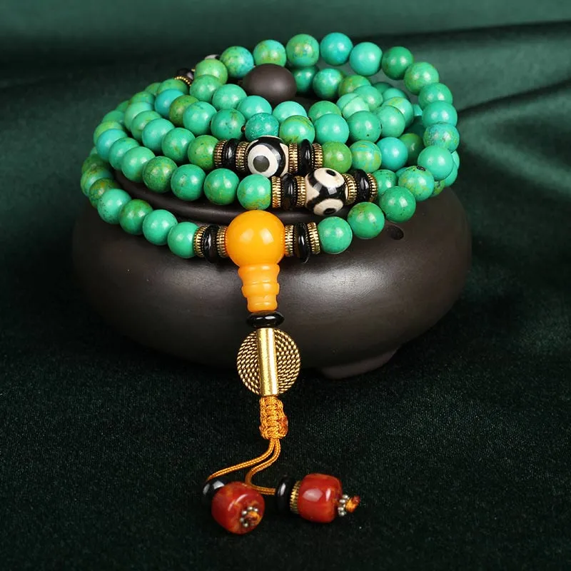 Collier et bracelet Mala en turquoise tibétain avec Buddha Stones