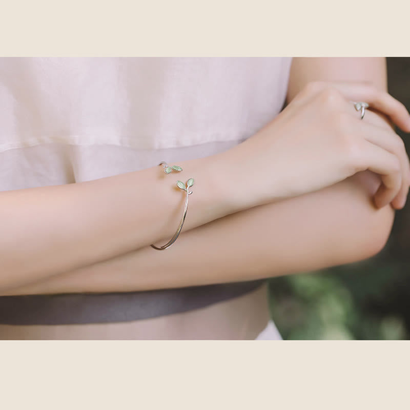 Bracelet manchette de soutien œil de chat à motif de feuilles et Buddha Stones