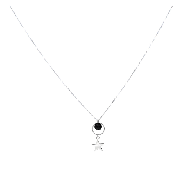 COLLIER CHAINE ANNEAU CISELÉ ETOILE ET ONYX NOIR