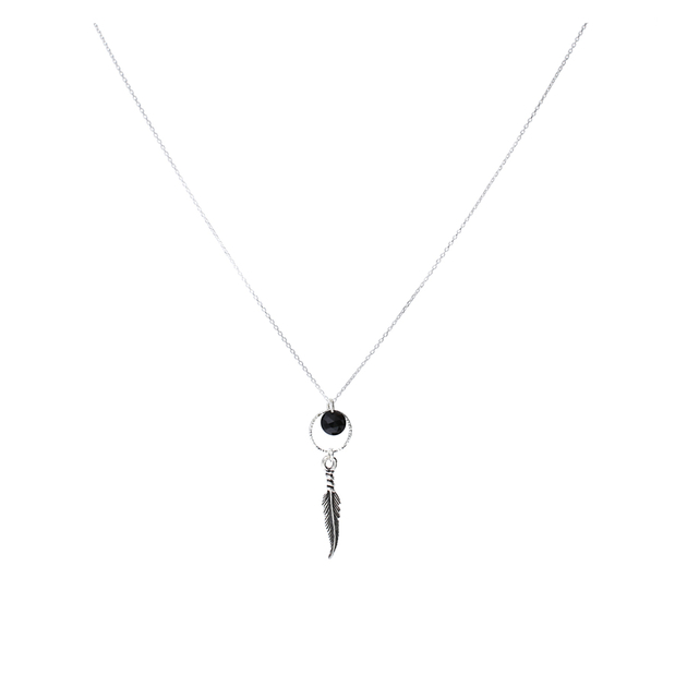 COLLIER CHAINE ANNEAU CISELÉ PLUME ET ONYX NOIR