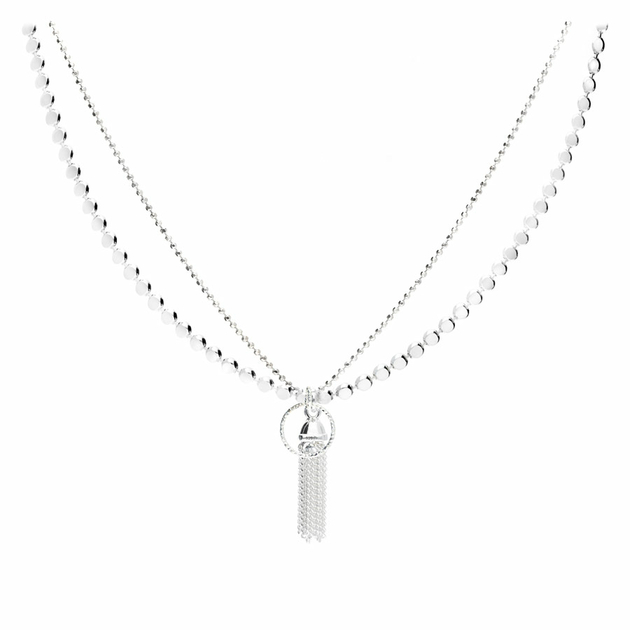 COLLIER POMPON ET ANNEAU CISELE DOUBLE CHAINES