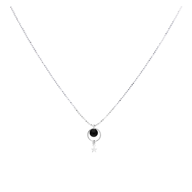 COLLIER CHAINE ANNEAU CISELÉ PETITE ETOILE ET PIERRE ONYX
