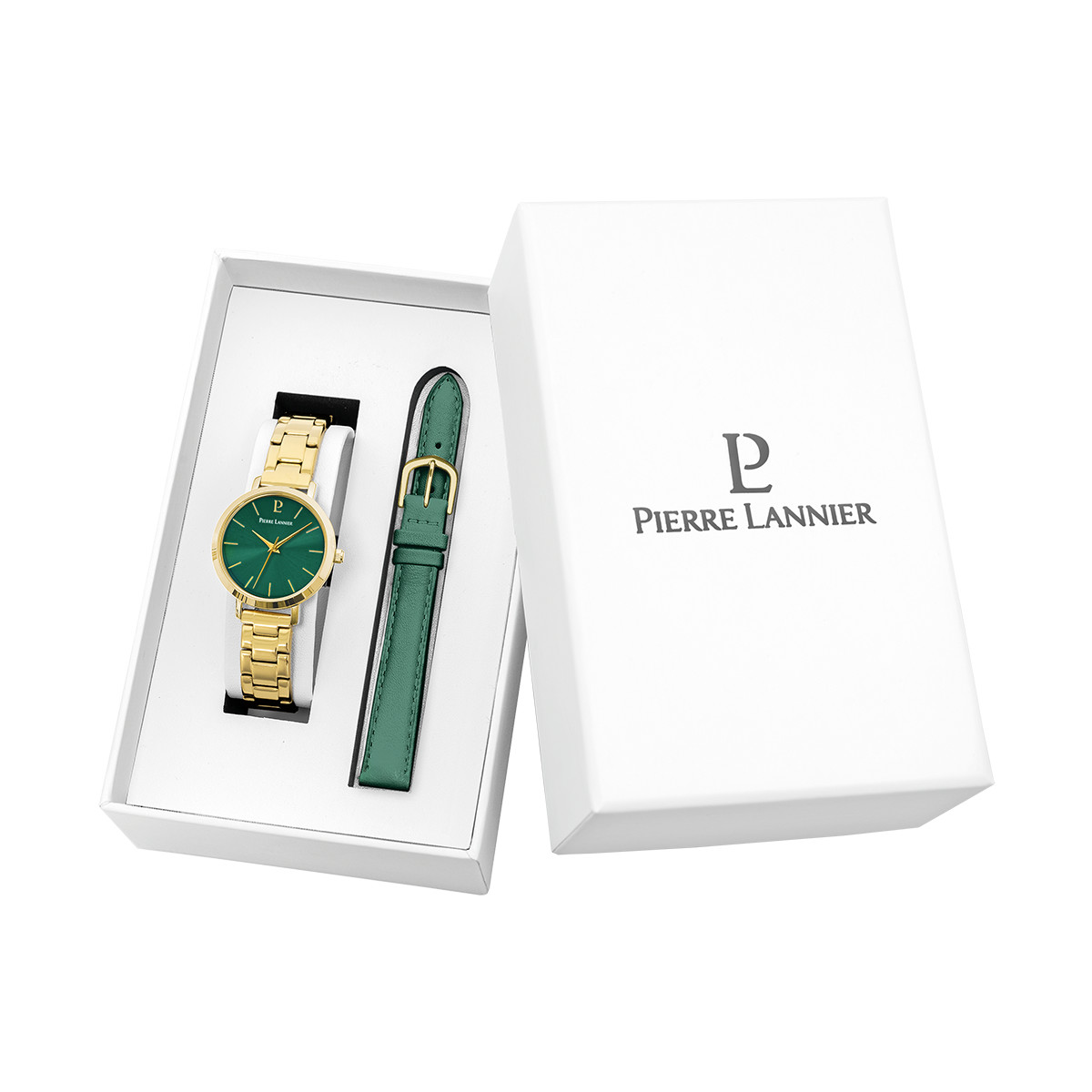 Coffret Montre PIERRE LANNIER Chouquette femme bracelet acier doré et bracelet cuir vert