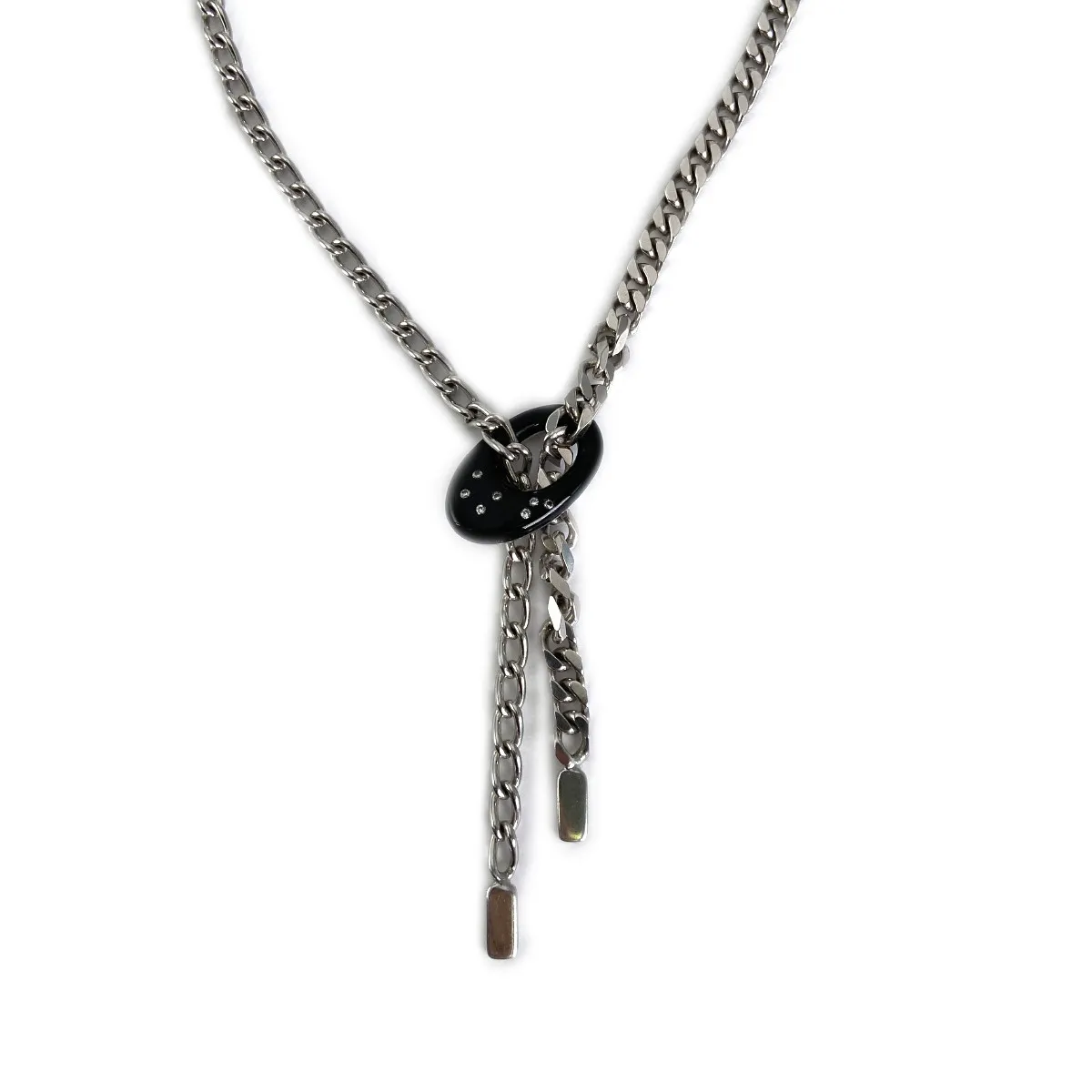 Collier d'occasion argent 925 maille gourmette plastique noir pierres blanches