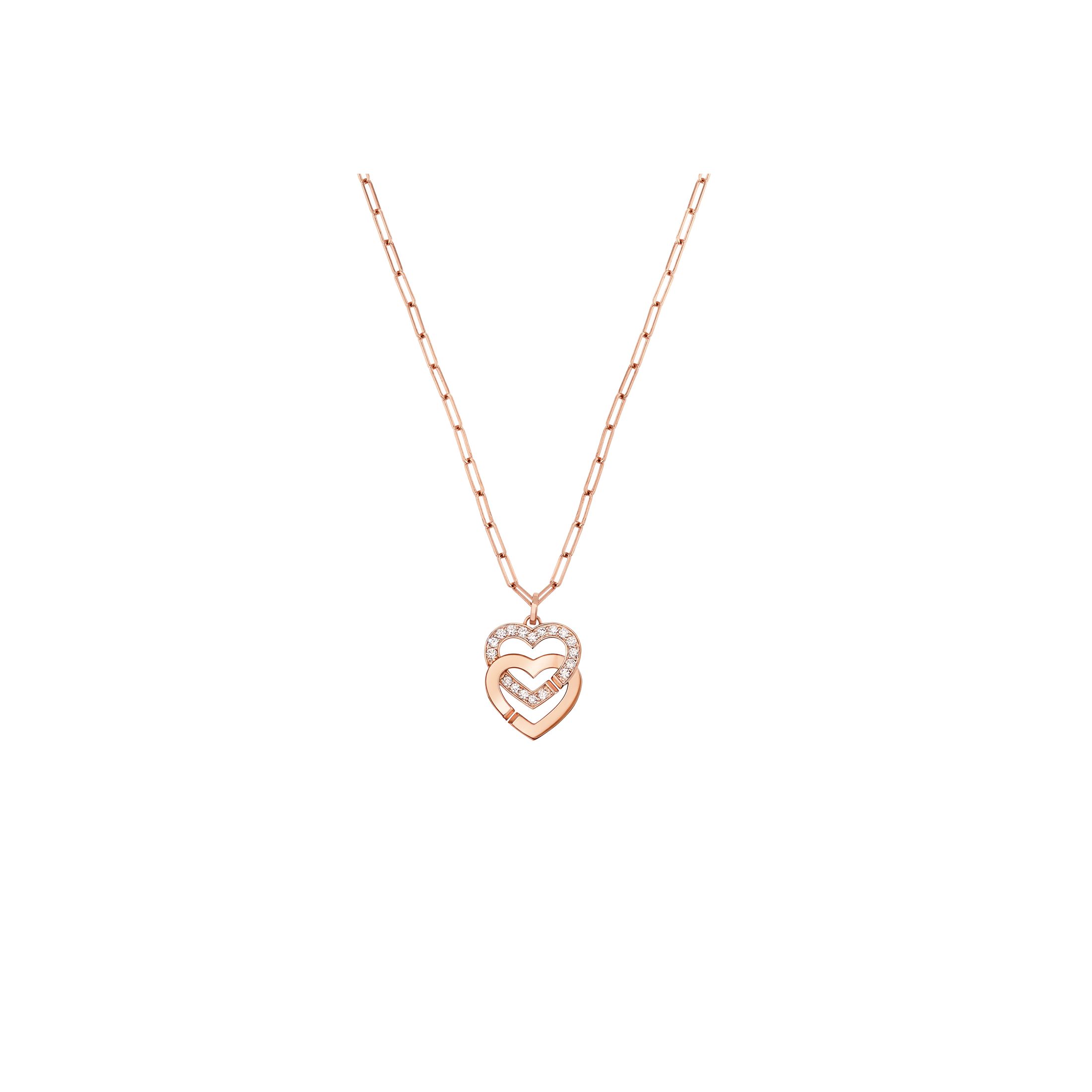 Collier dinh van Double Coeurs R15 en or rose et demi-pavage diamants