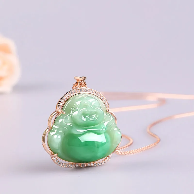 Collier avec pendentif en argent sterling 925 et jade naturel en forme de Bouddha rieur