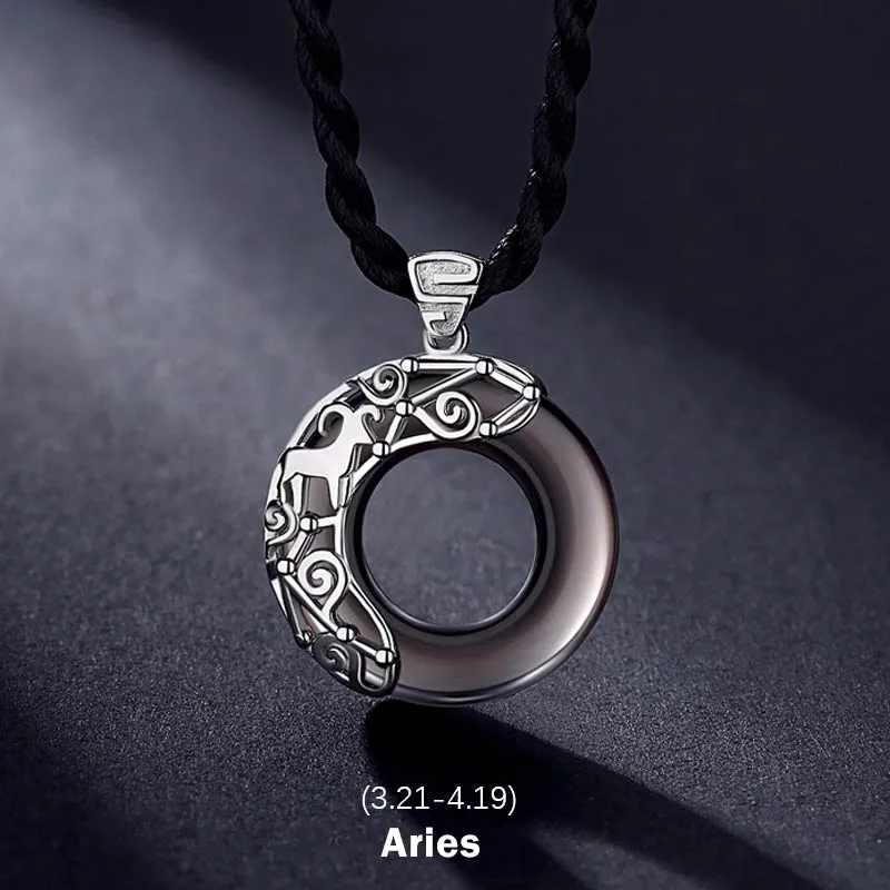 Collier pendentif rond en obsidienne glacée avec 12 constellations du zodiaque de Buddha Stones