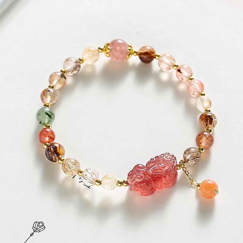 Bracelet de richesse PiXiu en quartz rutile naturel et quartz fraise Buddha Stones