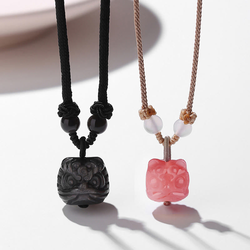 Buddha Stones Collier de protection Lion dansant en Obsidienne rouge Agate naturelle argentée Pendentif