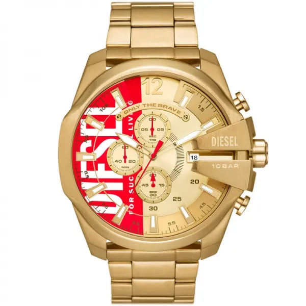 Diesel - Montre Homme Mega Chief - Cadran doré rouge - Bracelet acier doré - Ref DZ4642